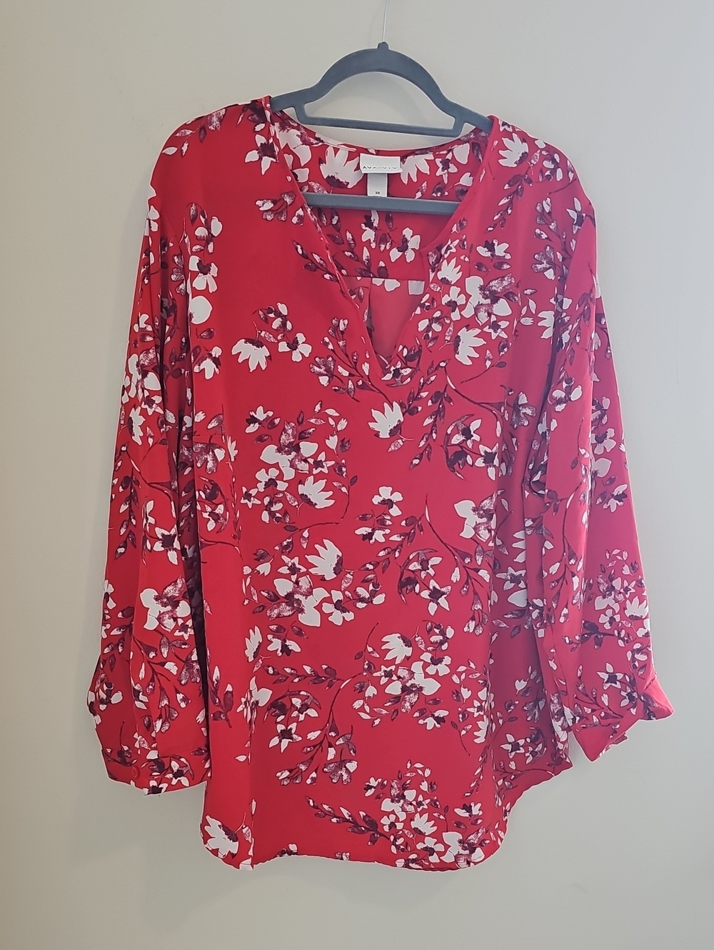 Ava & Viv Floral V-Neck Blouse‎ Womens Size 3X Red Long Sleeve Pullover Top